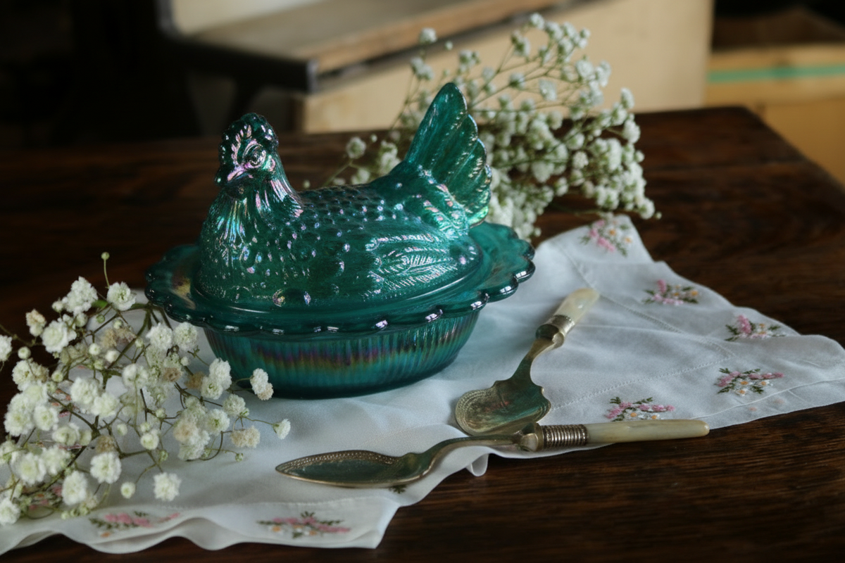 Hen on Nest by Mosser Glass – Kinder Surprises Antiques