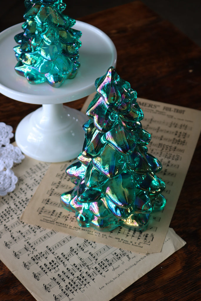 Mosser Glass 5.5 Teal Carnival Iridescent Christmas Tree 